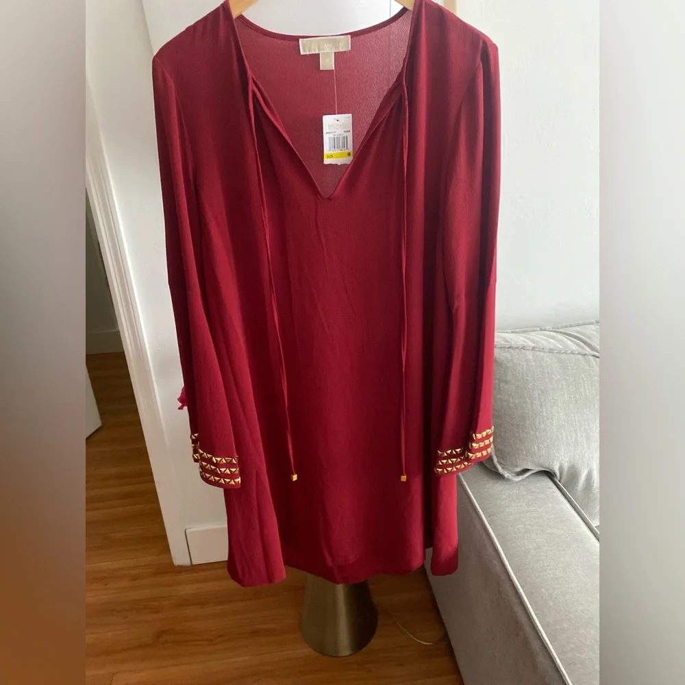 Michael Kors Red Golden Boho Studs Holiday Flowy Tunic Mini Dress size M - Picture 3 of 16